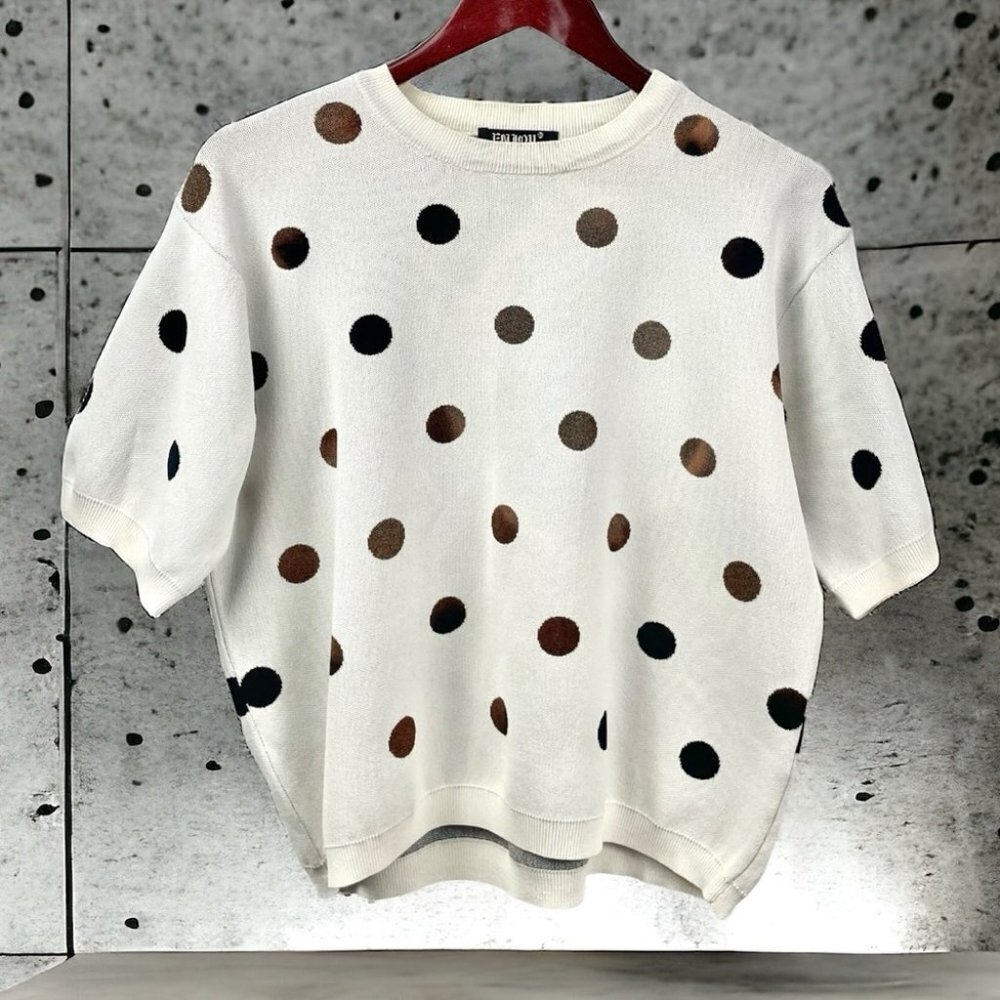 ** Enjoy Ivory Short Sleeve Brown Ombre Polka Dot Crewneck Sweater Size M/L